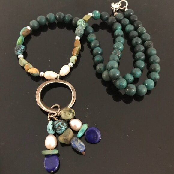 Genuine Turquoise Sterling Silver Pendant 925 Southwestern Pearl Necklace Lapis - Picture 1 of 7